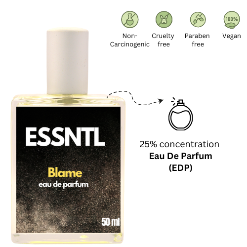 ESSNTL Blame Perfume - Sensual & Bold Amber Woody Fragrance | 50ml Eau de Parfum | Spicy, Warm & Addictive Scent | Long-Lasting Confident Fragrance | Classic & Clean Scent for Men