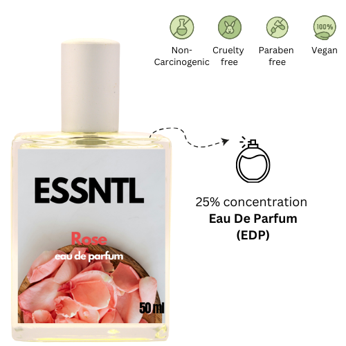 ESSNTL Rose Perfume - Delicate & Sensual Floral Musky Fragrance | 50ml Eau de Parfum | Soft, Powdery & Romantic Scent | Long-Lasting Elegant Fragrance | Classic & Clean Scent for Women