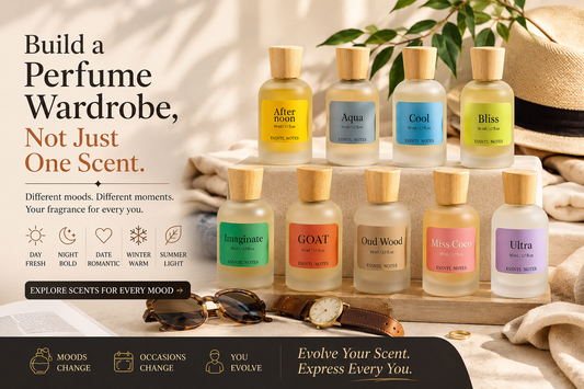 Luxury perfume wardrobe with fresh, woody, and warm fragrances for different moods and occasions.