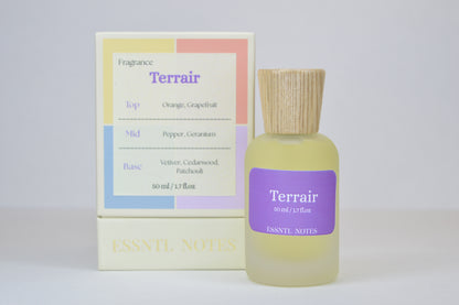 ESSNTL NOTES Terrair Perfume – Earthy & Sophisticated Woody Citrus Fragrance | 50ml Eau de Parfum | Fresh, Mineral & Refined Scent | Long-Lasting Luxury Perfume for Men & Women | Grounded, Timeless Signature Vibe