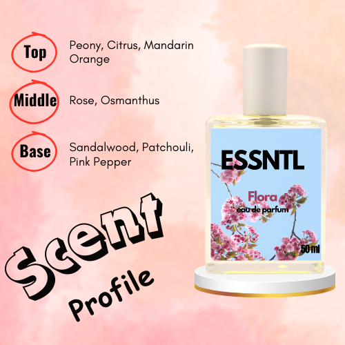ESSNTL Flora Perfume - Elegant & Feminine Floral Fruity Fragrance | 50ml Eau de Parfum | Romantic, Delicate & Graceful Scent | Long-Lasting Luxury Scent for Women | Classic & Clean Scent for Women