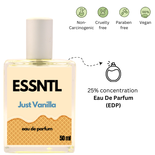 ESSNTL Just Vanilla Perfume - Creamy & Sweet Gourmand Vanilla Fragrance | 50ml Eau de Parfum | 20ml Eau de Parfum | Ice Cream-Like, Soft & Irresistible Scent | Long-Lasting Comfort Perfume Women | Pure Vanilla Delight with a Sugary Hug