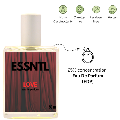 ESSNTL Love Perfume - Sensual & Addictive Sweet Woody Fragrance | 50ml Eau de Parfum | Warm, Amber & Floral Scent | Long-Lasting Luxury Fragrance | Classic & Clean Scent for Men & Women