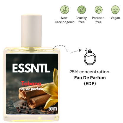 ESSNTL Tobana Perfume - Warm & Opulent Tobacco Vanilla Fragrance | 50ml Eau de Parfum | Sweet, Spicy & Luxurious Scent | Long-Lasting Bold Fragrance | Classic & Clean Scent for Men
